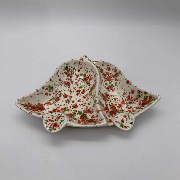 Vintage Spatter White Handmade Ceramic Christmas Bells Candy Nut Or Trinket Dish - Picture 1 of 14